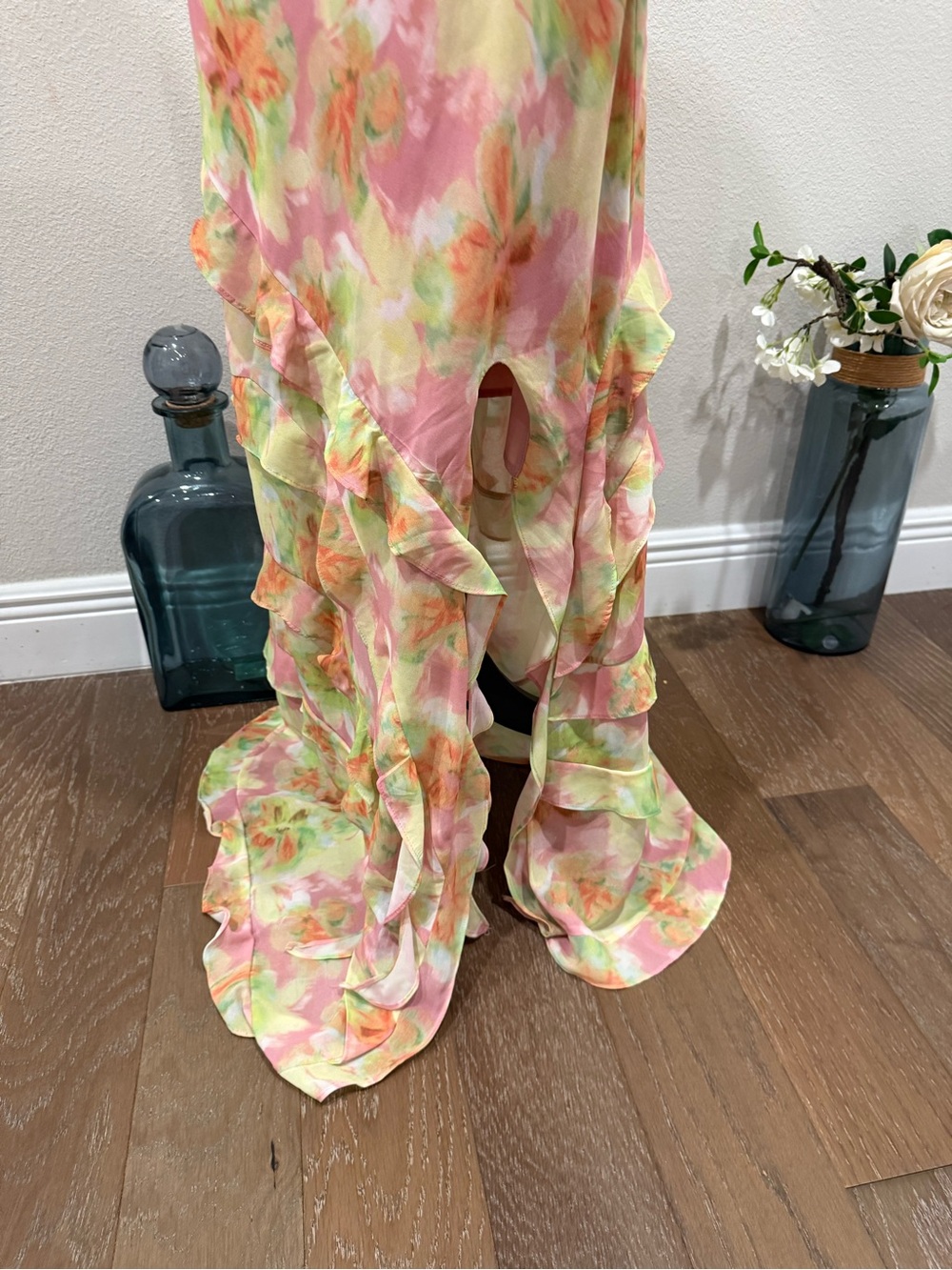 Bardot Pastel Floral Slip Maxi Dress with Ruffle Hem and Slit - Picture 5 of 16